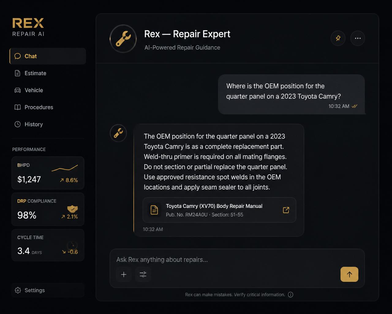 Rex Repair Expert AI chat panel